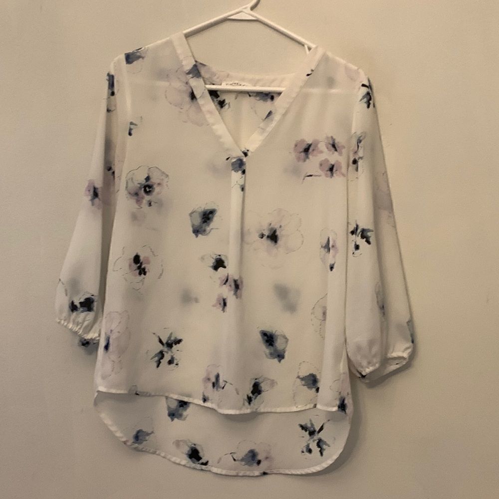 Violet + Claire long sleeve sheer cream blouse with purple blue flowers Size M